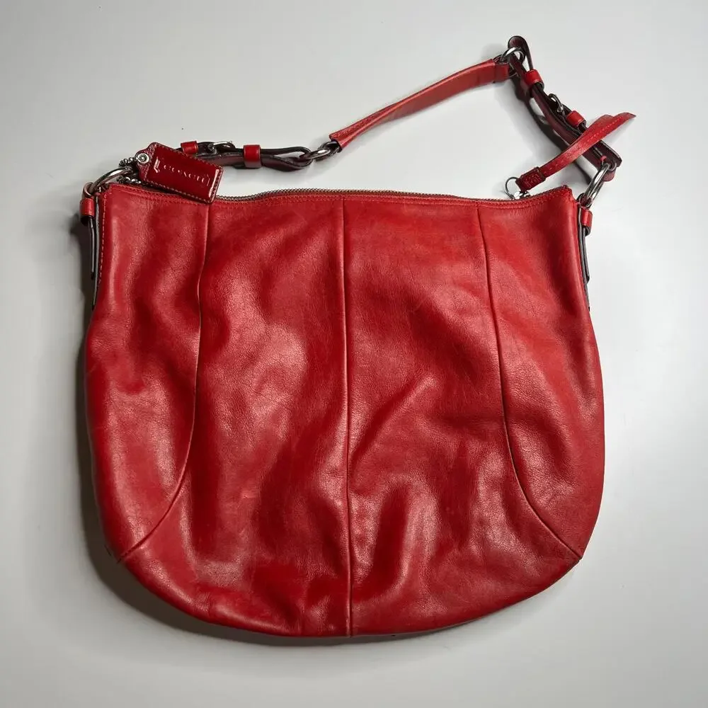 Coach Red Leather Hobo Shoulder Bag Purse Handbag Pink Lining #H0949-12834 - Picture 5 of 12